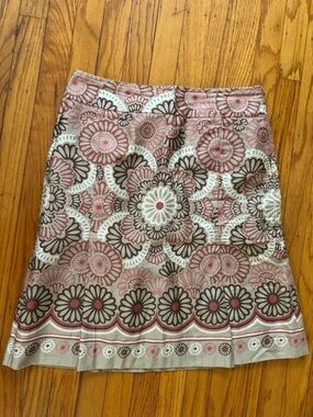 Ann Taylor Pink, Brown & Cream Floral Border A-Line Skirt